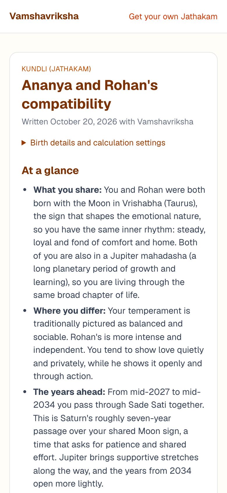 A Kundli Compatibility reading for a couple, on a phone