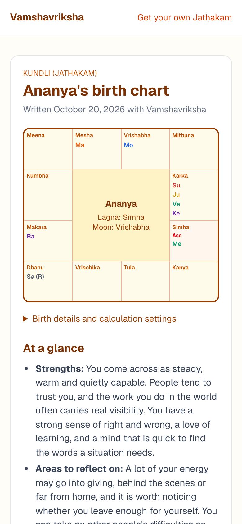 A birth chart reading shared from Vamshavriksha, on a phone: the South Indian chart and the reading